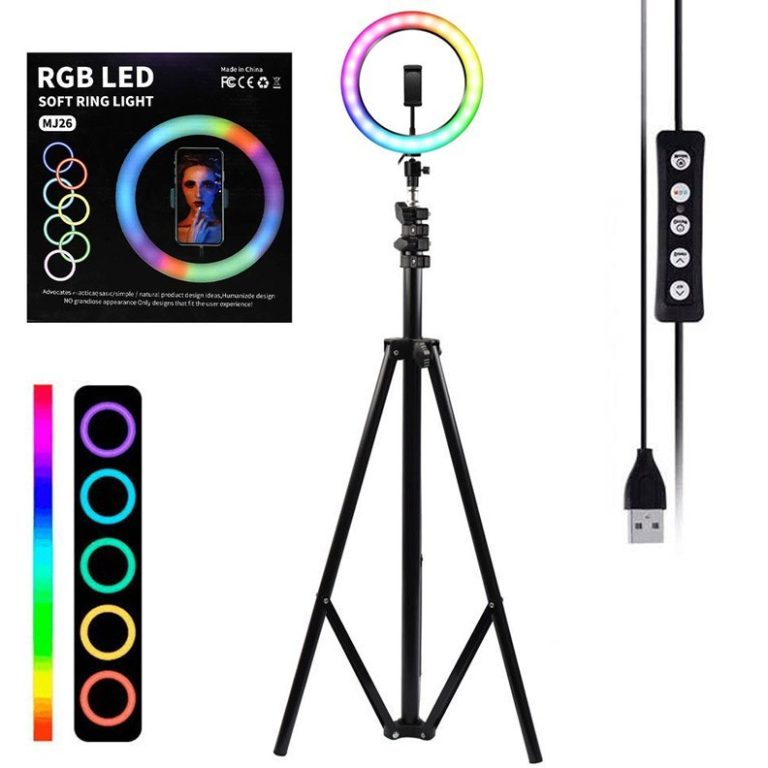 MJ26 RGB LED Soft Ring Light with adjustable stand, perfect for photography & content creation